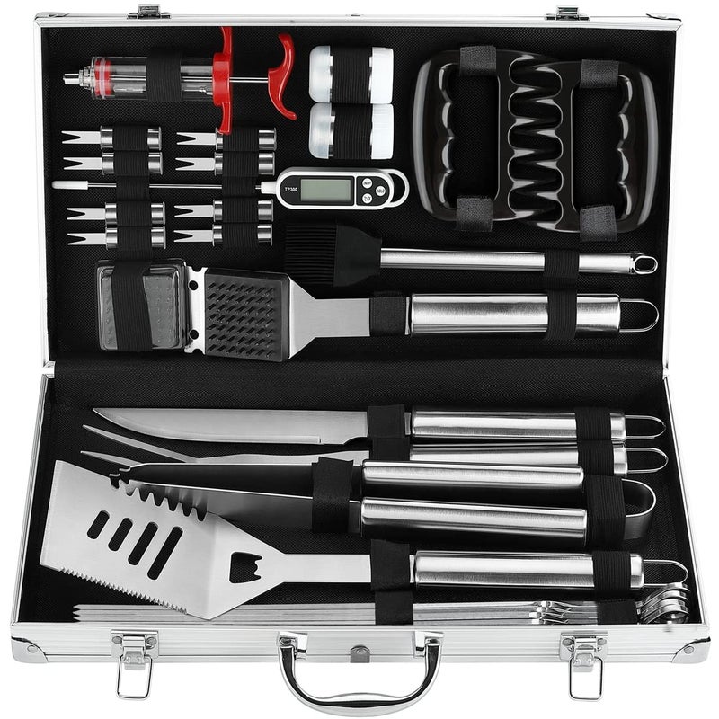 POLIGO 26PC Exclusive BBQ Grill Accessories in Aluminum Case for Birthday Christmas Grilling Gifts - Premium Grill Utensils Set with Barbecue Claws, Meat Injector, Thermometer for Smoker, Camping BBQ - Image 1